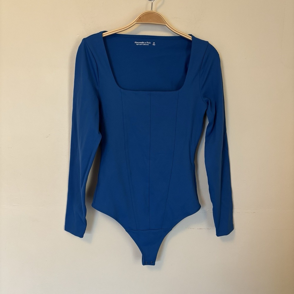 Abercrombie & Fitch Square Neck Faux Corset Bodysuit M Blue Soft A&F‎
